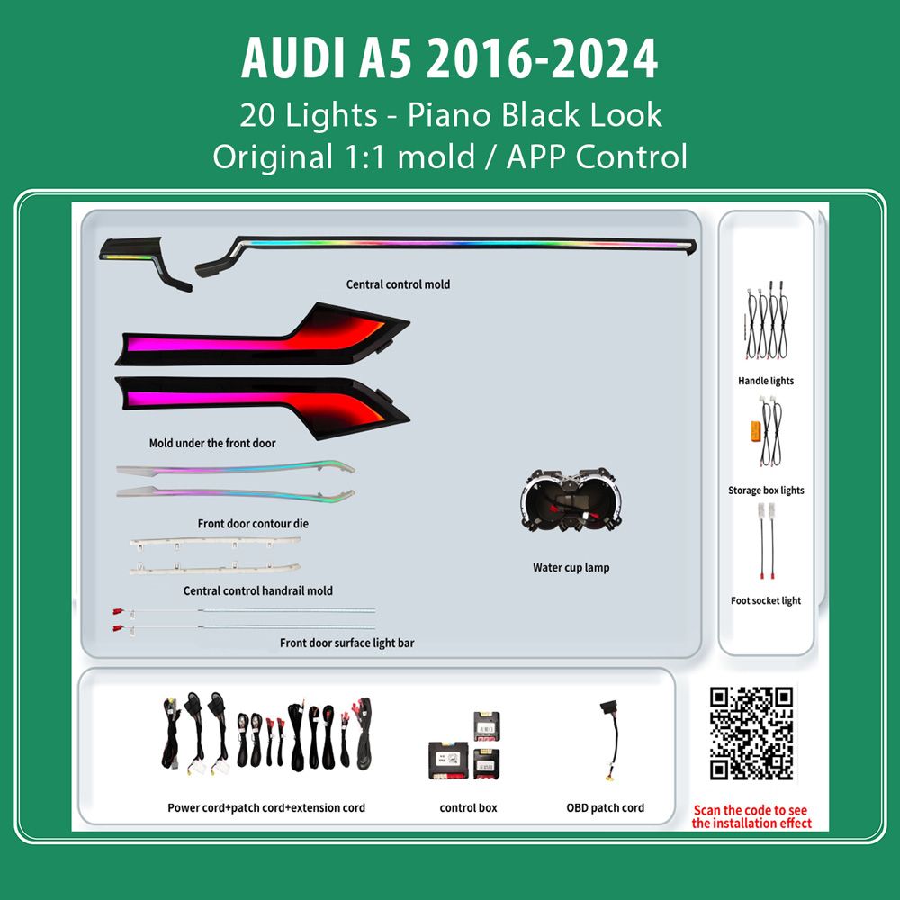AUDI_A5_2016-24_Ambiernt_20_Lights_Piano_Black_01 DIQ AMBIENT AUDI A5 HC-AD17M TRIM (Digital iQ Ambient Light for AUDI A5 mod. 2016-2024, 20 Ambient Lights, Trim) - Image 1