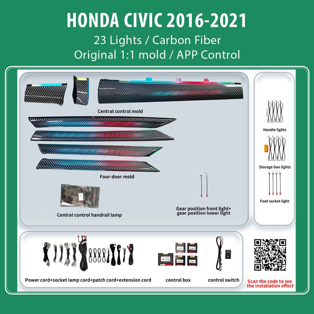 Honda_Civic_2016-21_ambient_23Lights_CF_01 DIQ AMBIENT HONDA CIVIC Χ CF DYN (Digital iQ Ambient Light for Honda Civic mod. 2016-2021 with 23 Lights, Carbon Fiber Dynamic) - Image 1