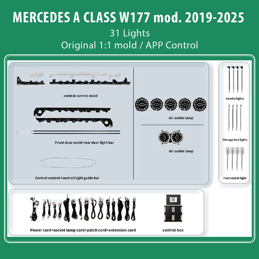 MERCEDES_A-CLASS_2019-25_Ambient_31_Light_01 DIQ AMBIENT MERCEDES A BC14M3 (Digital iQ Ambient Light Kit for MERCEDES A CLASS W177 mod. 2019-2025, 31 Lights) - Image 1