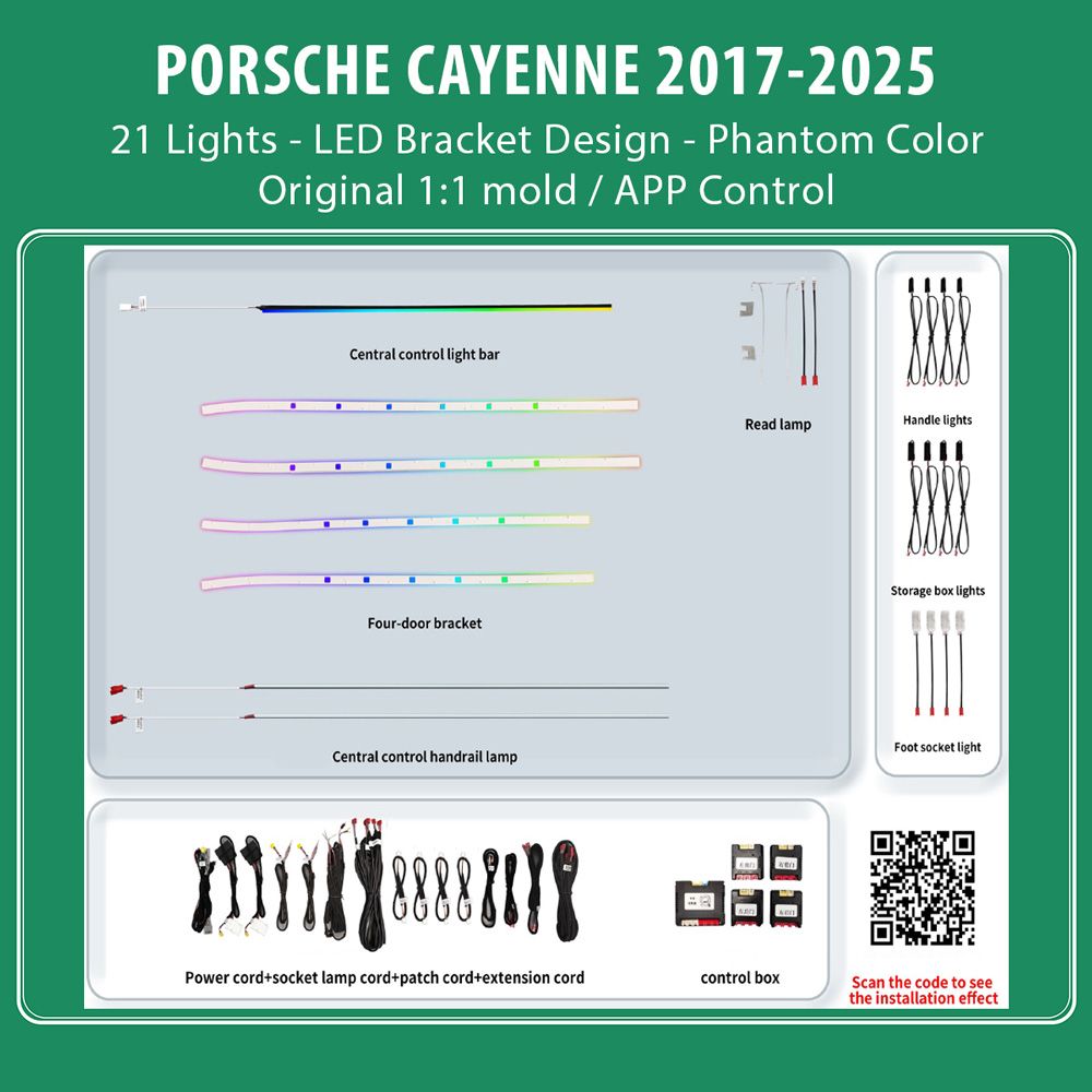PORSCHE_CAYENNE_2017-25_Ambient_21_Lights_Brackets_Phantom_01 DIQ AMBIENT PORSCHE CAYENNE BSJ02M (Digital iQ Ambient Light for Porsche Cayenne mod. 2017-2025 with 21 Lights, Phantom) - Image 1
