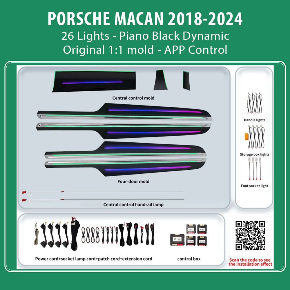 Porsche_Macan_2018-24_ambient-light-26_lights_01 DIQ AMBIENT PORSCHE BSJ03D (Digital iQ Ambient Light for Porsche Macan mod. 2018-2024 with 26 Lights) PIANO BLACK DYNAMIC - Image 1