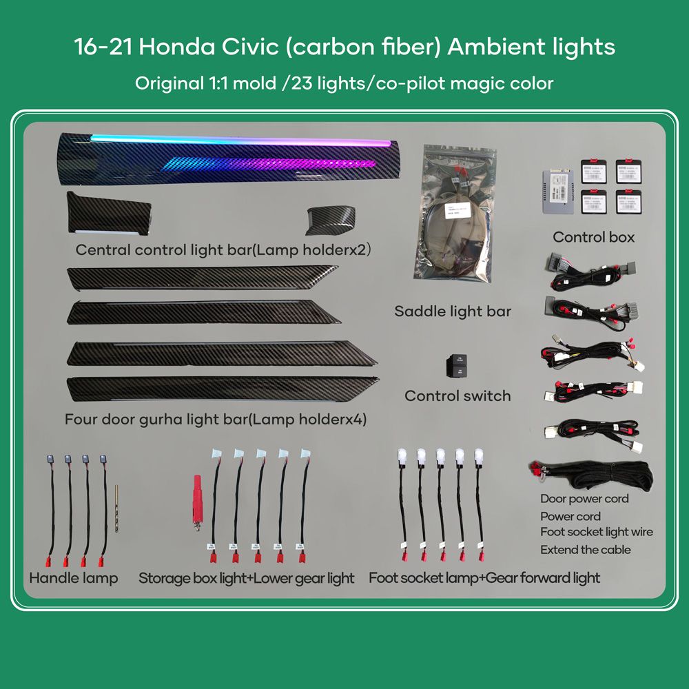 16-21_Honda_Civic_23L_Carbon_Magic_01 DIQ AMBIENT HONDA CIVIC Χ CF (Digital iQ Ambient Light for Honda Civic mod. 2016-2021 with 21 Lights, Carbon Fiber) - Image 1